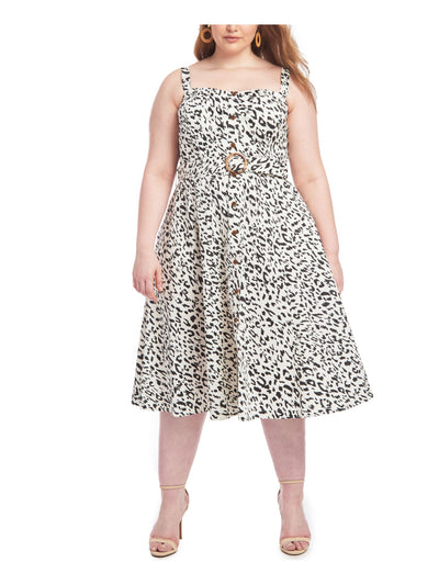 RACHEL RACHEL ROY Womens White Zippered Belted Adjustable Straps Printed Sleeveless Sweetheart Neckline Below The Knee Evening Fit + Flare Dress Plus 16W