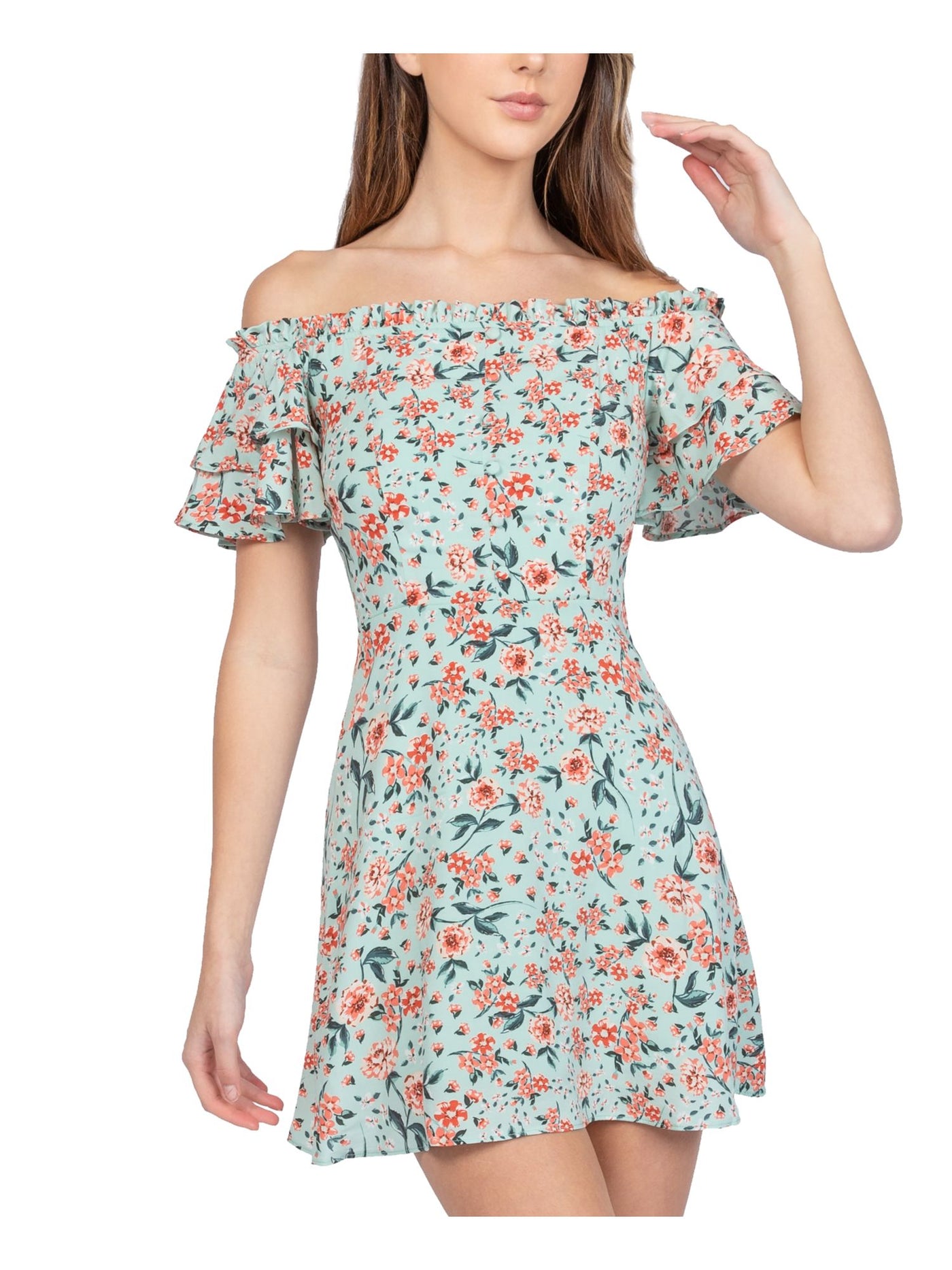 B DARLIN Womens Green Zippered Ruffled Short Flouncy Sleeves Floral Off Shoulder Mini Fit + Flare Dress 13\14