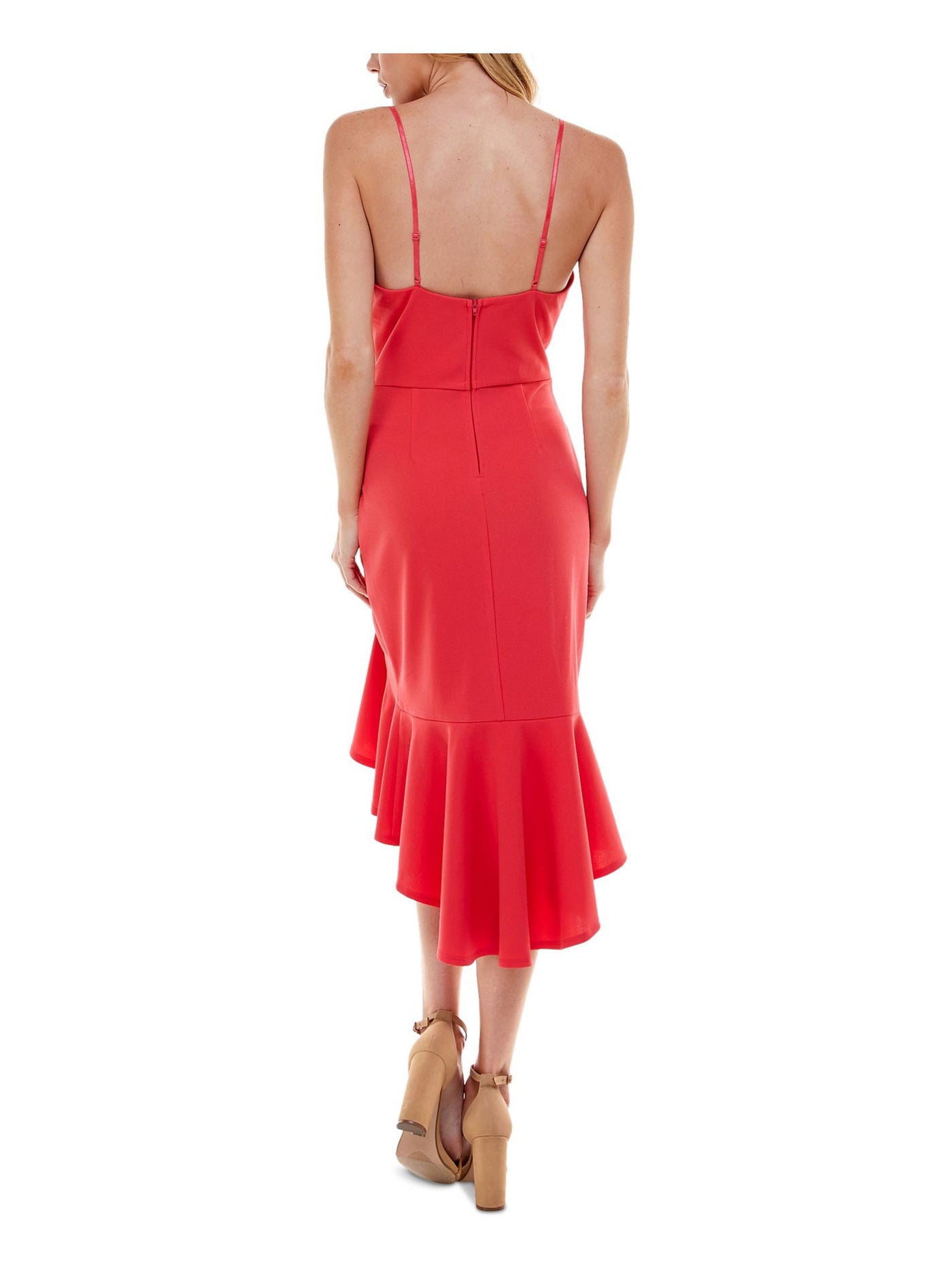 EMERALD SUNDAE Womens Coral Stretch Zippered Ruffled Shirred Side Front Hi-lo Hem Spaghetti Strap Surplice Neckline Midi Party Body Con Dress S
