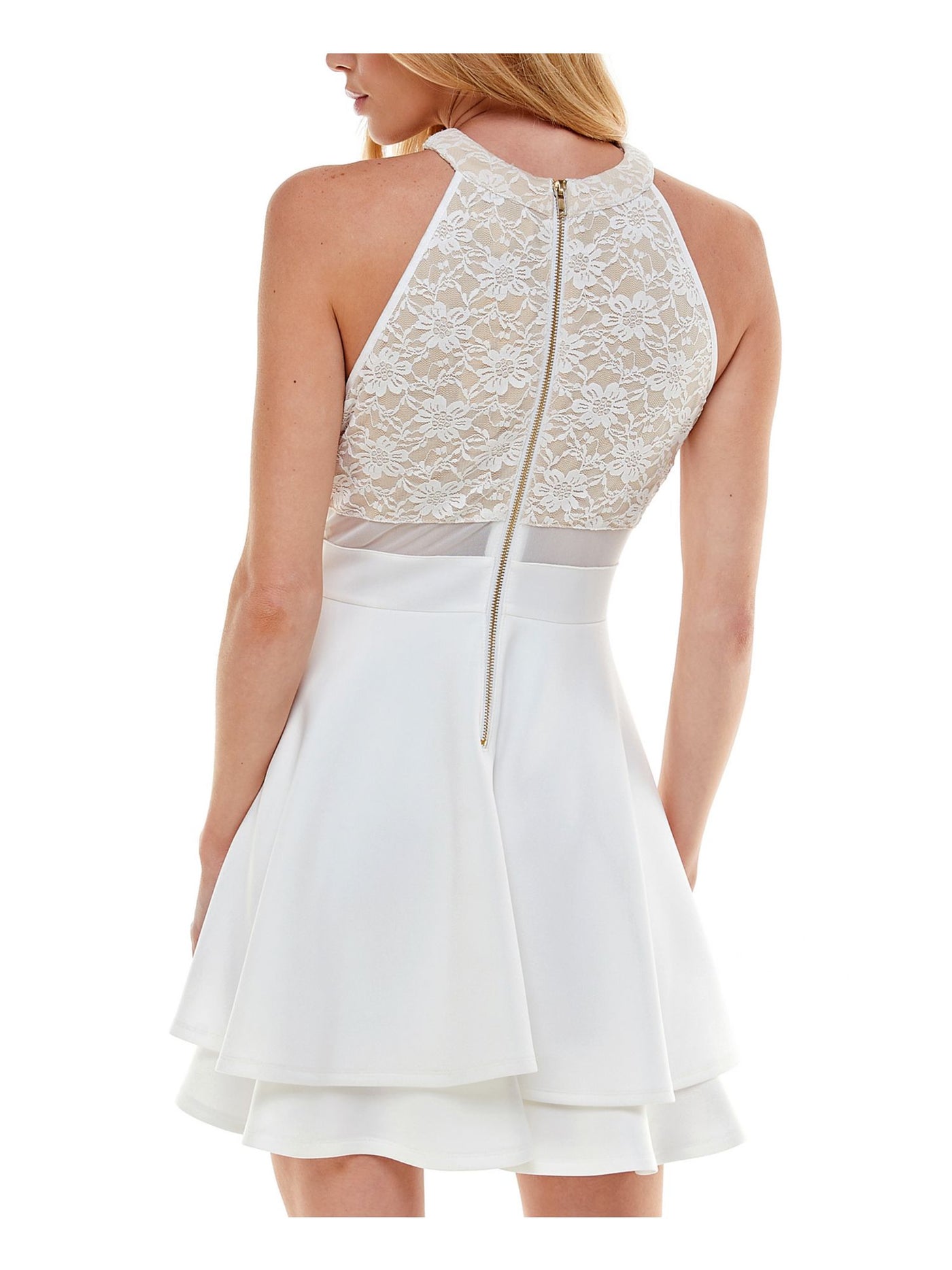 EMERALD SUNDAE Womens Ivory Stretch Zippered Lace Layered Mesh-illusion Sleeveless Halter Short Party Fit + Flare Dress S