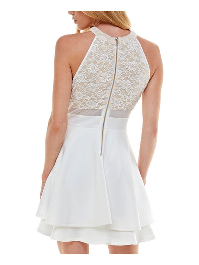 EMERALD SUNDAE Womens Ivory Stretch Zippered Lace Layered Mesh-illusion Sleeveless Halter Short Party Fit + Flare Dress S