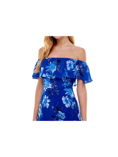 CRYSTAL DOLLS Womens Blue Zippered Ruffled Chiffon Floral Flutter Sleeve Off Shoulder Full-Length Cocktail Hi-Lo Dress Juniors XS