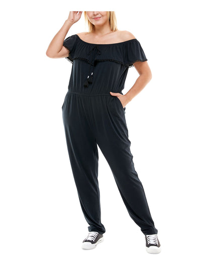 PLANET GOLD PLUS Womens Black Stretch Pocketed Tie Ruffled  Crochet Trim Short Sleeve Off Shoulder Straight leg Jumpsuit Plus 2X