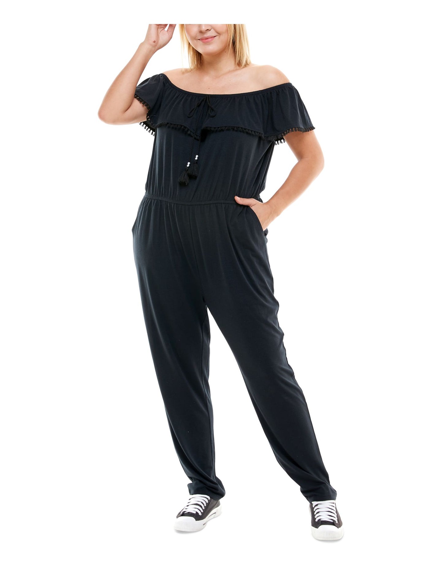 PLANET GOLD PLUS Womens Black Stretch Pocketed Tie Ruffled  Crochet Trim Short Sleeve Off Shoulder Straight leg Jumpsuit Plus 3X