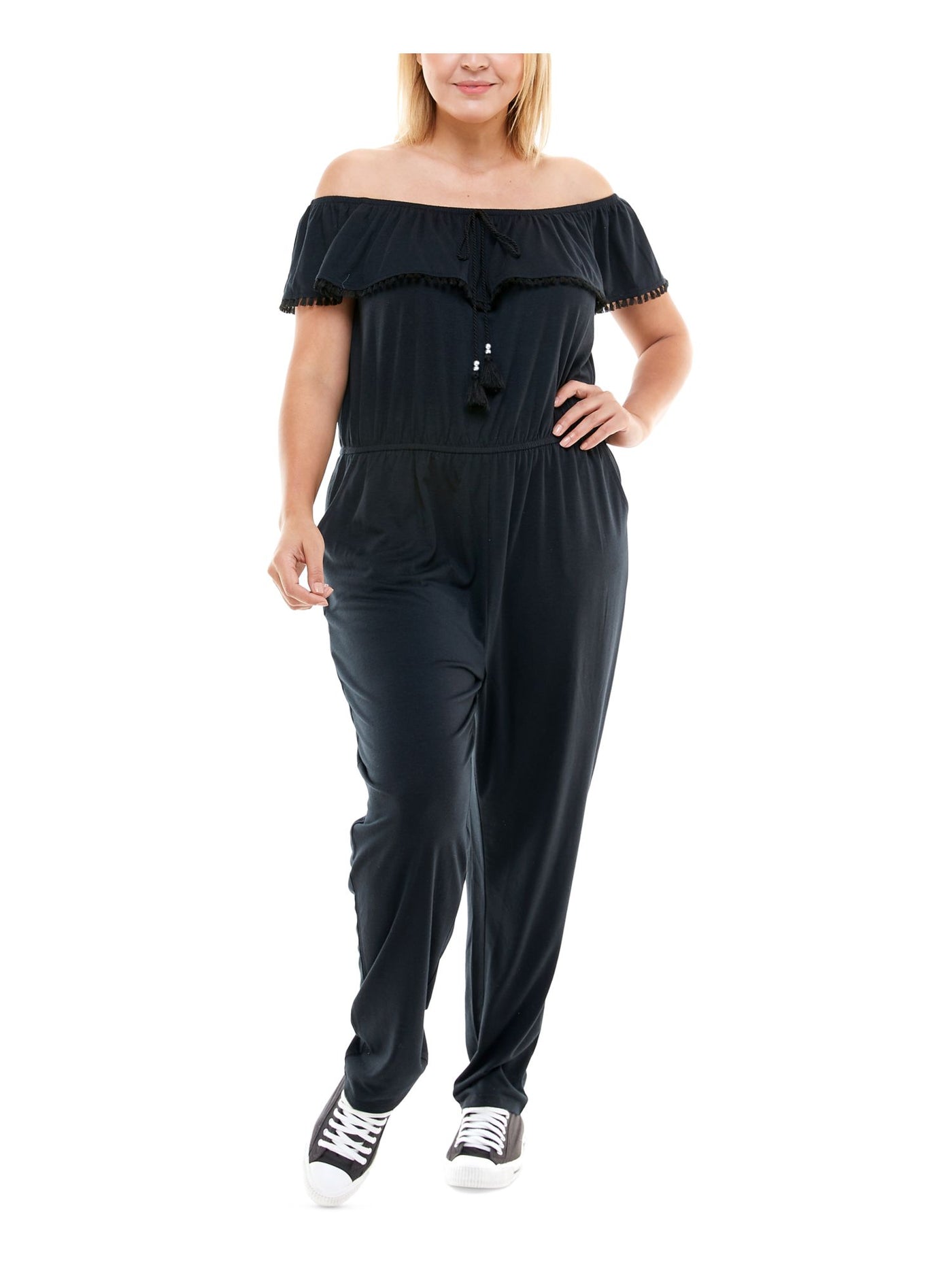 PLANET GOLD PLUS Womens Black Stretch Pocketed Tie Ruffled  Crochet Trim Short Sleeve Off Shoulder Straight leg Jumpsuit Plus 2X