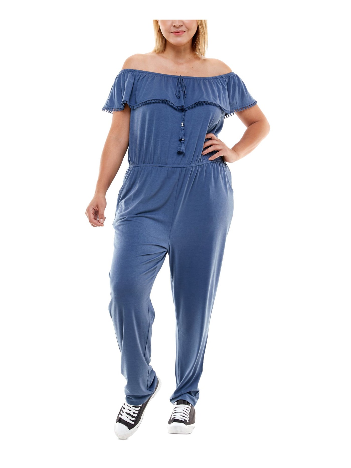 PLANET GOLD PLUS Womens Blue Stretch Pocketed Tie Ruffled  Crochet Trim Short Sleeve Off Shoulder Straight leg Jumpsuit Plus 1X