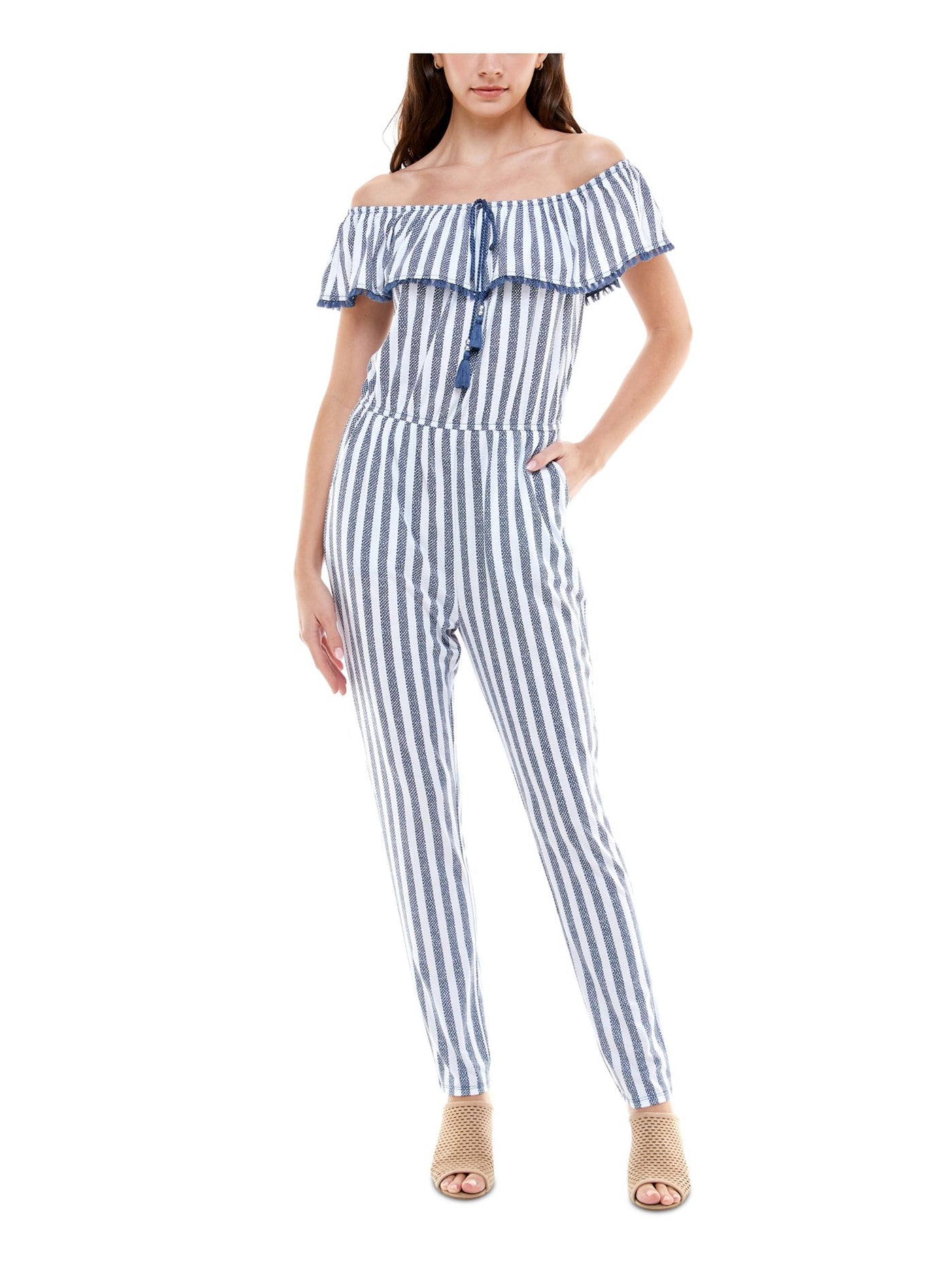 PLANET GOLD Womens Navy Tie Striped Off Shoulder Straight leg Jumpsuit XXL