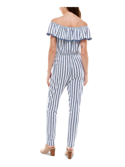 PLANET GOLD Womens Navy Tie Striped Off Shoulder Straight leg Jumpsuit XXL