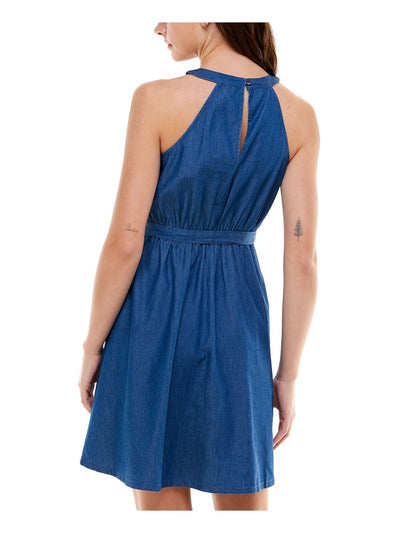 PLANET GOLD Womens Blue Denim Tie Sleeveless Halter Short Fit + Flare Dress XS