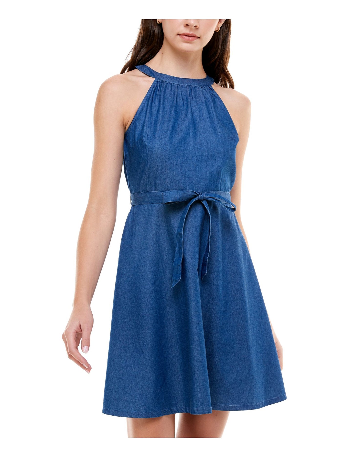 PLANET GOLD Womens Blue Denim Tie Sleeveless Halter Short Fit + Flare Dress XS