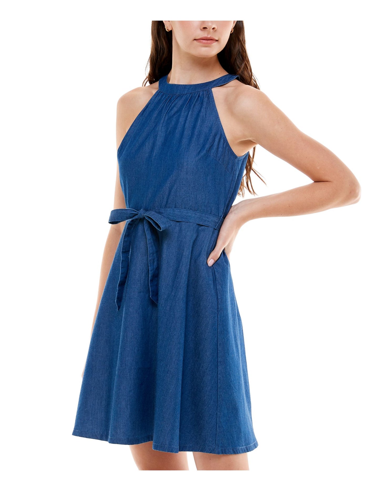 Rosie Harlow Womens Blue Denim Tie Sleeveless Halter Short Fit + Flare Dress XS