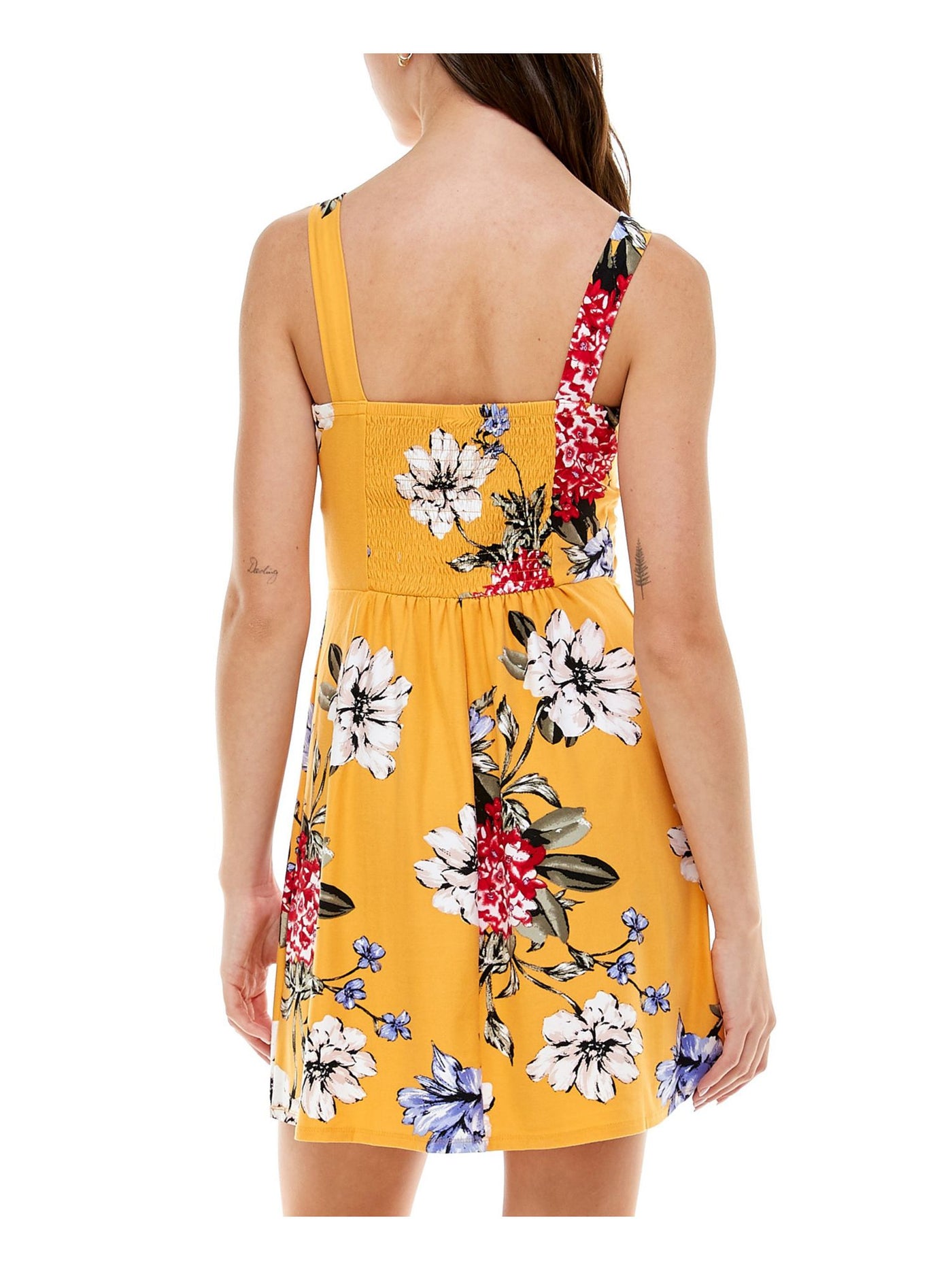 PLANET GOLD Womens Yellow Stretch Twist Front Floral Sleeveless Sweetheart Neckline Short Party Fit + Flare Dress XXS