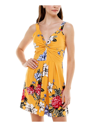 PLANET GOLD Womens Yellow Stretch Twist Front Floral Sleeveless Sweetheart Neckline Short Party Fit + Flare Dress XXS