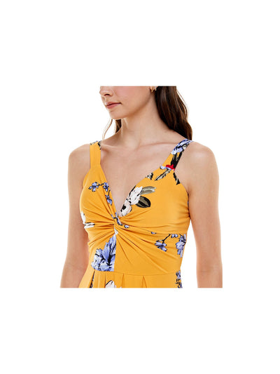 PLANET GOLD Womens Yellow Stretch Twist Front Floral Sleeveless Sweetheart Neckline Short Party Fit + Flare Dress XXS
