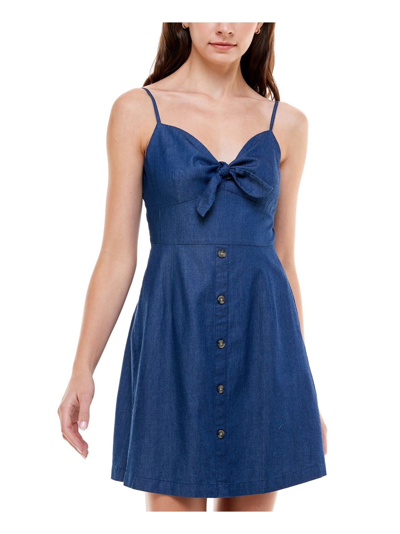 ROSIE HARLOW Womens Navy Denim Smocked Buttoned Bow-front Spaghetti Strap Sweetheart Neckline Short Fit + Flare Dress L