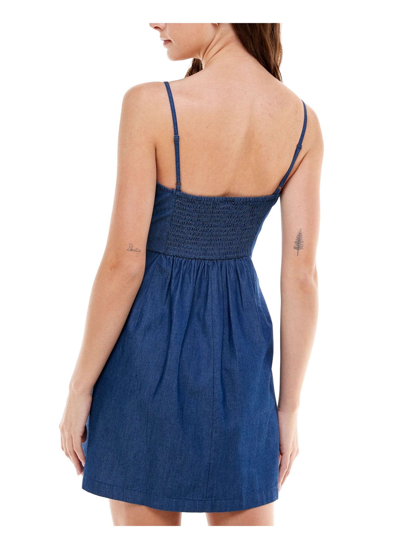 ROSIE HARLOW Womens Navy Denim Smocked Buttoned Bow-front Spaghetti Strap Sweetheart Neckline Short Fit + Flare Dress L