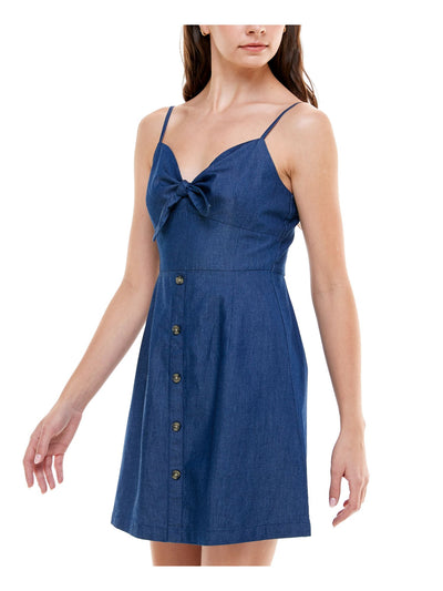 Rosie Harlow Womens Navy Denim Smocked Buttoned Bow-front Spaghetti Strap Sweetheart Neckline Short Fit + Flare Dress XS