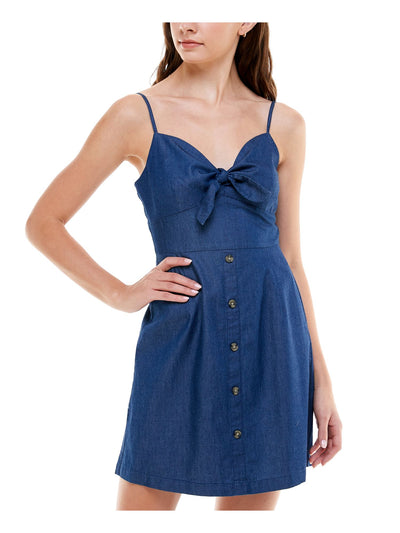 Rosie Harlow Womens Denim Smocked Buttoned Bow-front Spaghetti Strap Sweetheart Neckline Short Fit + Flare Dress