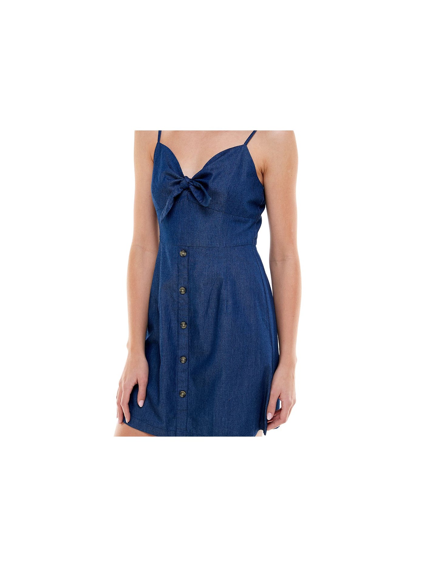 ROSIE HARLOW Womens Navy Denim Smocked Buttoned Bow-front Spaghetti Strap Sweetheart Neckline Short Fit + Flare Dress L