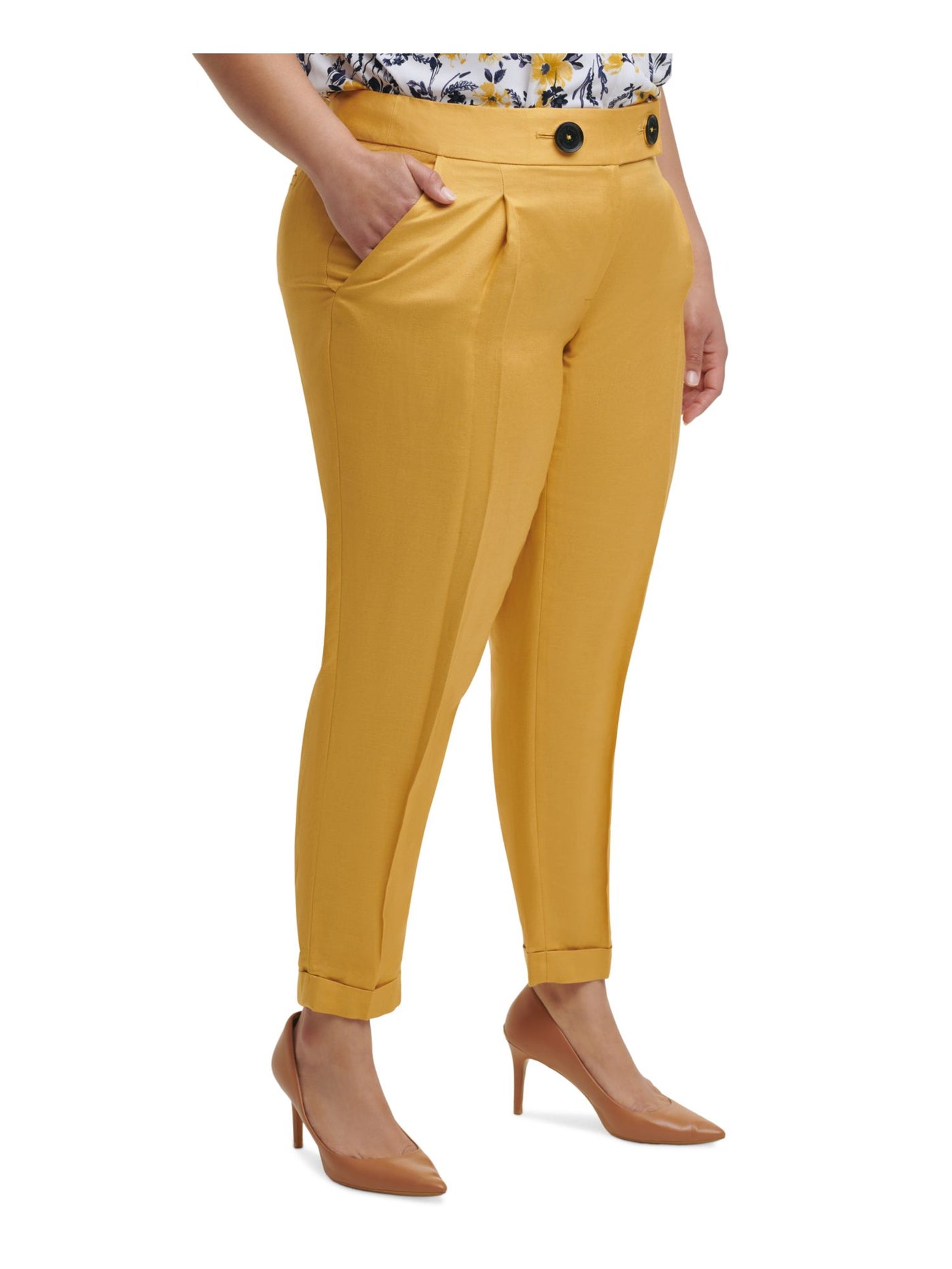 CALVIN KLEIN Womens Yellow Zippered Pocketed Creased Pleated Wear To Work Cuffed Pants Plus 20W