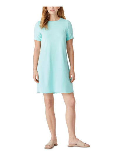 EILEEN FISHER Womens Aqua Stretch Short Sleeve Crew Neck Short Shift Dress XXS