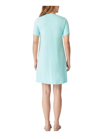 EILEEN FISHER Womens Aqua Stretch Short Sleeve Crew Neck Short Shift Dress M