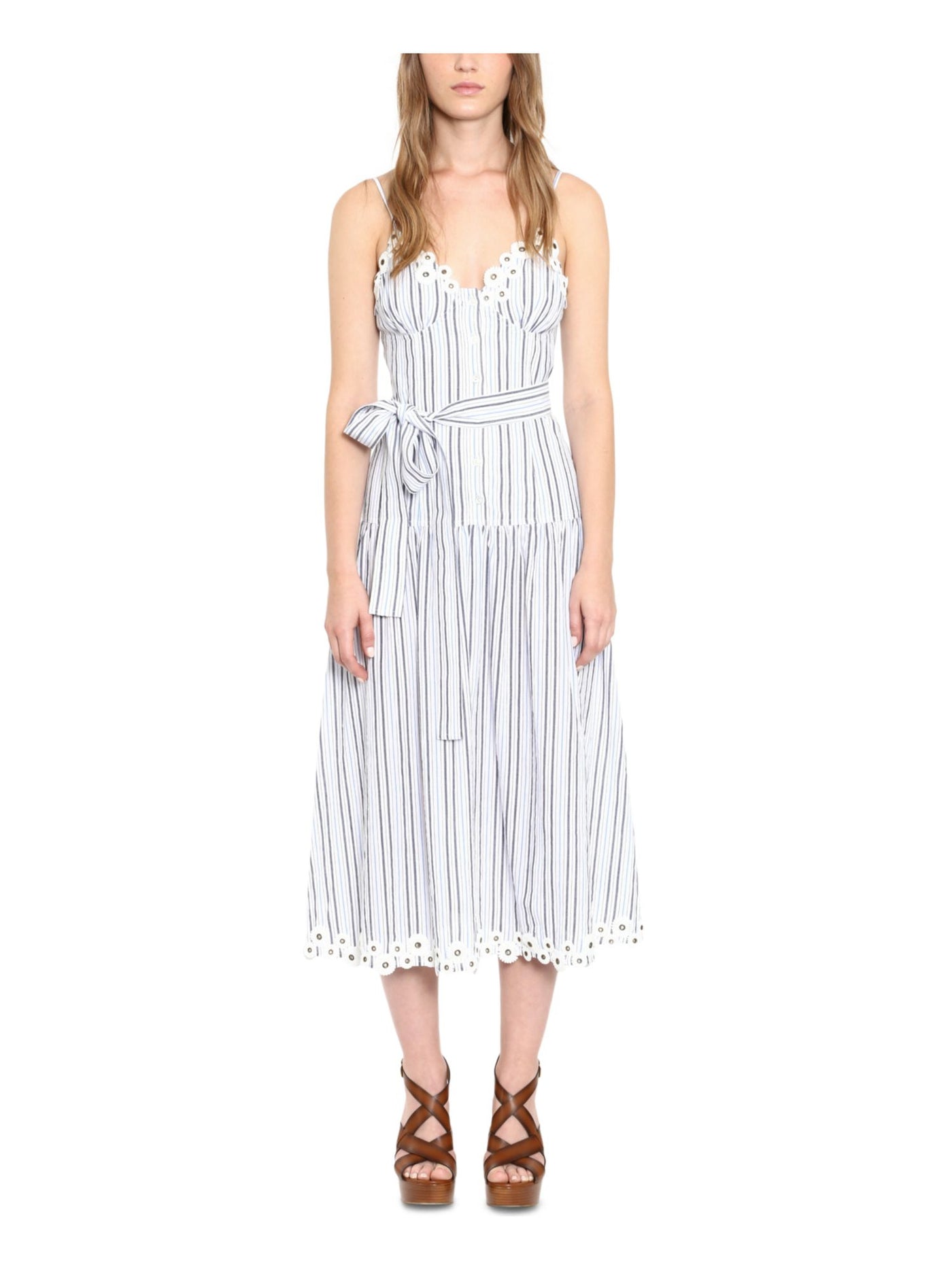 MICHAEL KORS Womens Blue Scalloped Pleated Grommet Trim Tie Belt Striped Spaghetti Strap V Neck Midi Fit + Flare Dress 10