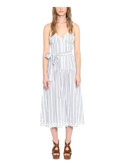 MICHAEL KORS Womens Blue Scalloped Pleated Grommet Trim Tie Belt Striped Spaghetti Strap V Neck Midi Fit + Flare Dress 10