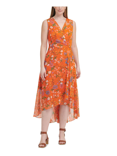 CALVIN KLEIN Womens Orange Zippered Sheer Keyhole Back Hi-lo Hem Lined Floral Sleeveless Surplice Neckline Maxi Wear To Work Faux Wrap Dress Plus 22W