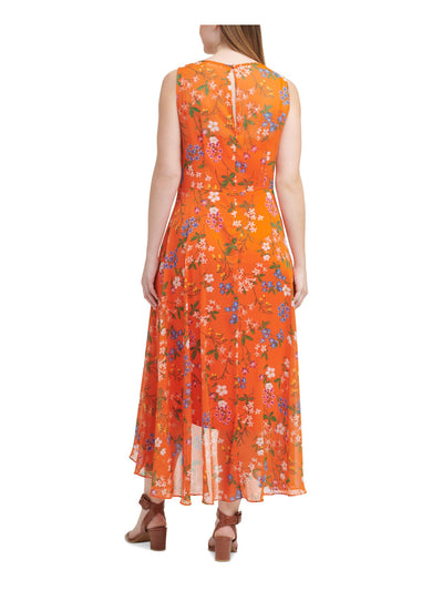 CALVIN KLEIN Womens Orange Zippered Sheer Keyhole Back Hi-lo Hem Lined Floral Sleeveless Surplice Neckline Maxi Wear To Work Faux Wrap Dress Plus 22W