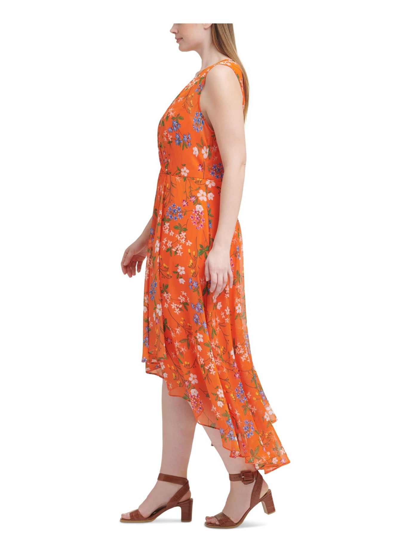 CALVIN KLEIN Womens Orange Zippered Sheer Keyhole Back Hi-lo Hem Lined Floral Sleeveless Surplice Neckline Maxi Wear To Work Faux Wrap Dress Plus 22W