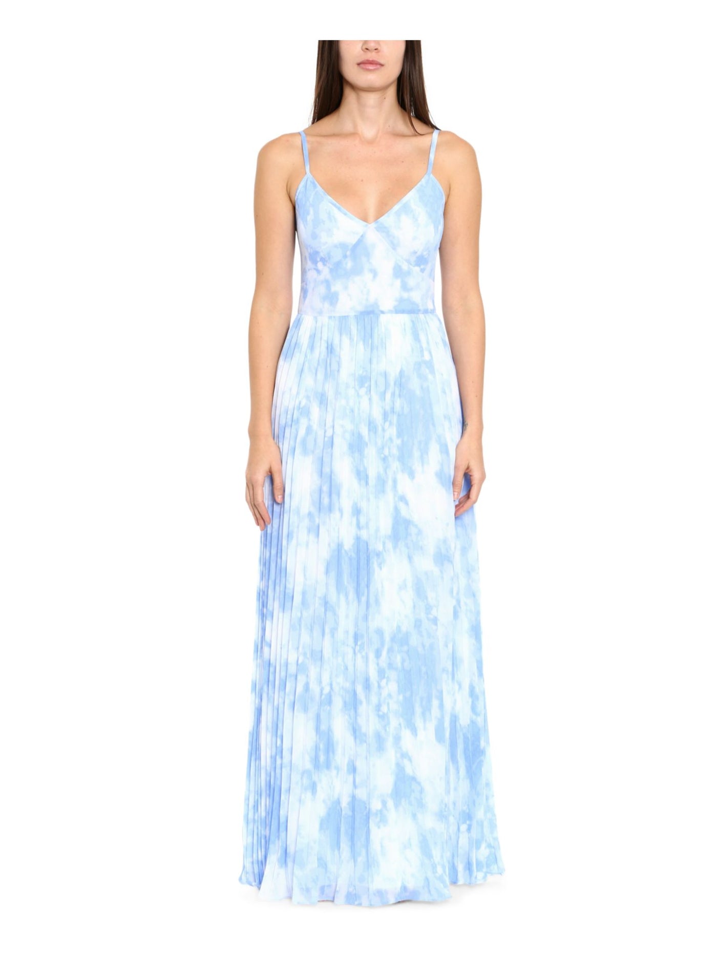 MICHAEL MICHAEL KORS Womens Blue Zippered Pleated Skirt Tie Dye Spaghetti Strap V Neck Maxi Evening Sheath Dress XXS