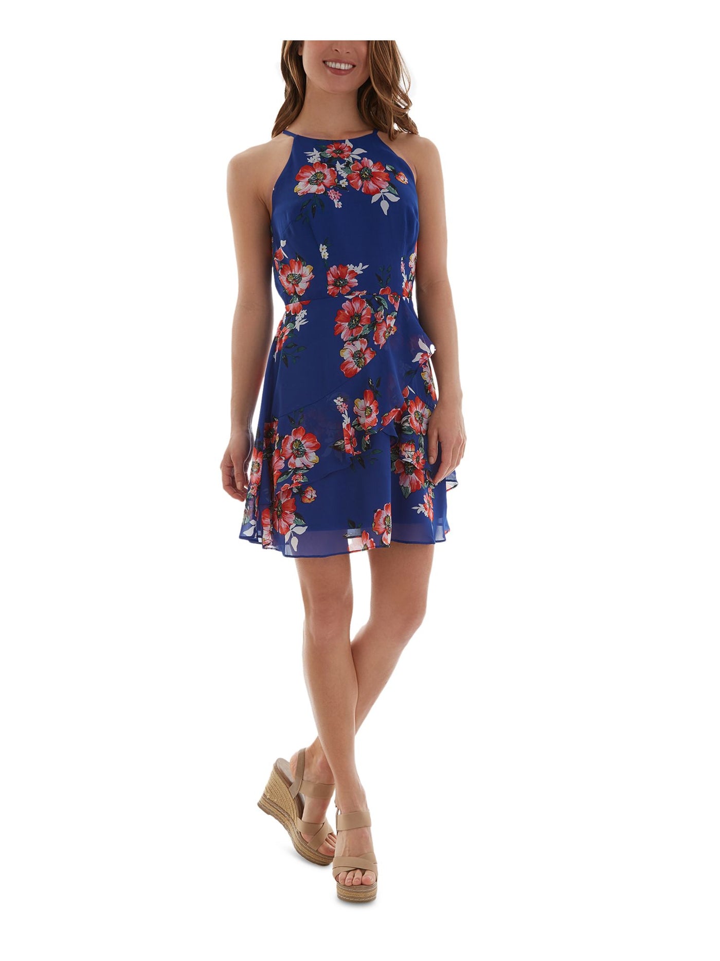 BCX DRESS Womens Blue Ruffled Sheer Tie Lined Floral Sleeveless Halter Mini Fit + Flare Dress S