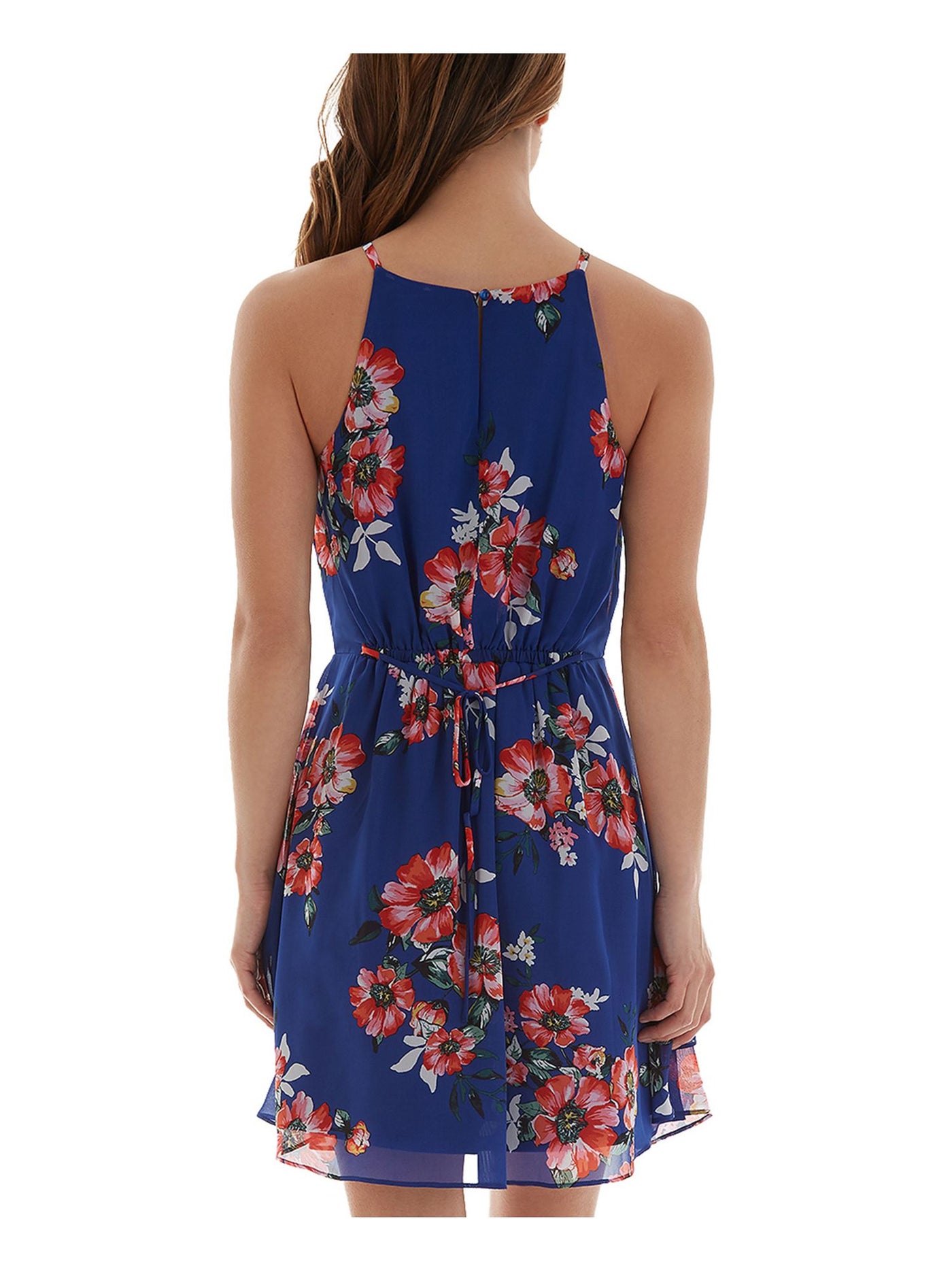 BCX DRESS Womens Blue Ruffled Sheer Tie Lined Floral Sleeveless Halter Mini Fit + Flare Dress S