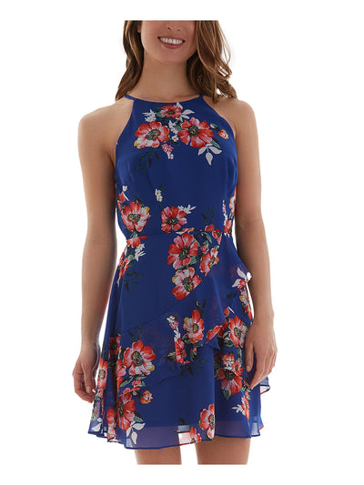 BCX DRESS Womens Blue Ruffled Sheer Tie Lined Floral Sleeveless Halter Mini Fit + Flare Dress S