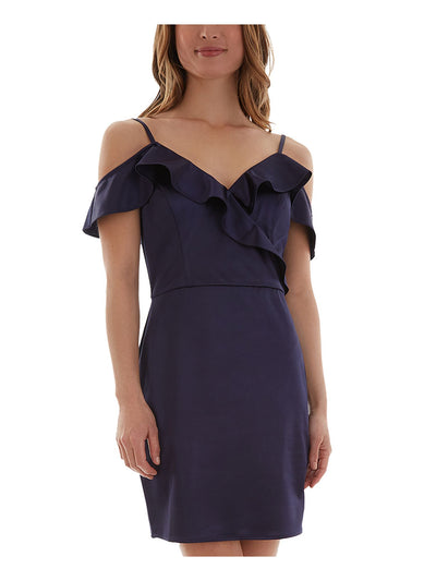 BCX DRESS Womens Navy Stretch Zippered Asymmetrical Ruffle Short Sleeve Off Shoulder Above The Knee Party Body Con Dress 5