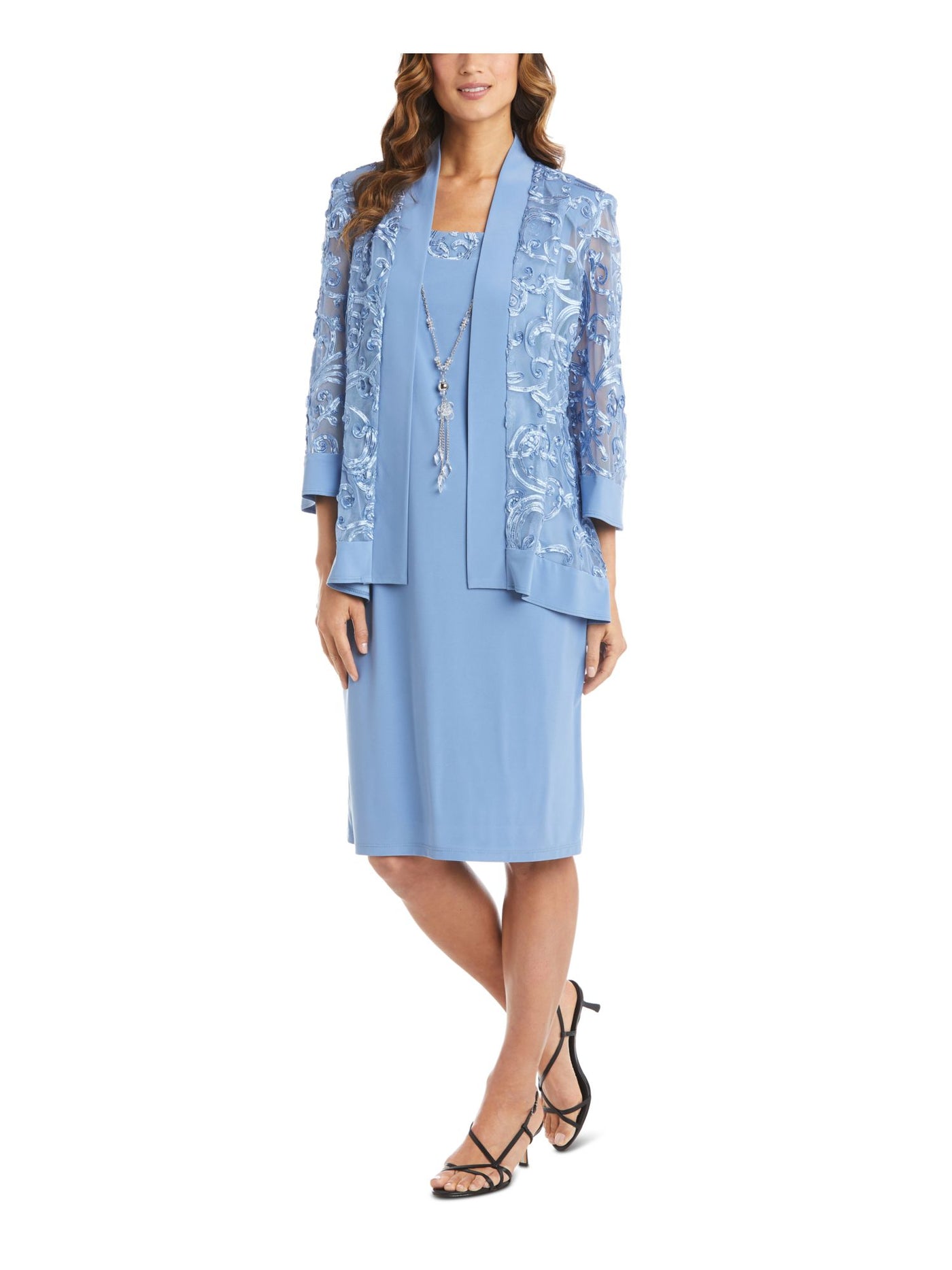 R&M RICHARDS Womens Light Blue Embroidered Open Front Floral Wear To Work Duster Jacket 10