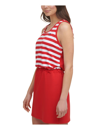 TOMMY HILFIGER Womens Red Stretch Embroidered Terry Cinched-waist Striped Sleeveless Scoop Neck Short Sheath Dress XL