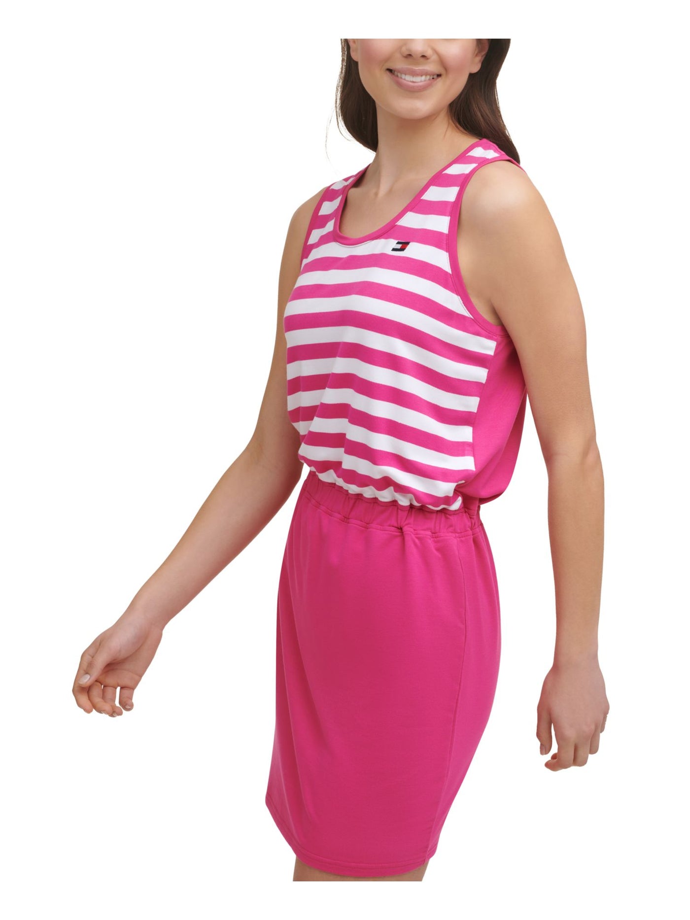 TOMMY HILFIGER SPORT Womens Pink Stretch Embroidered Baby Terry Cinched Elastic Waist Striped Sleeveless Scoop Neck Short Sheath Dress XXL