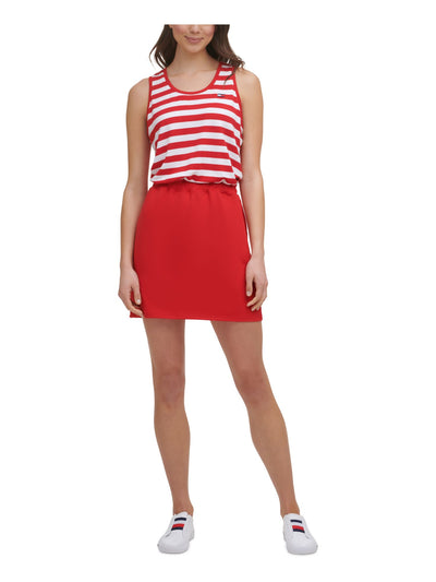 TOMMY HILFIGER Womens Red Stretch Embroidered Terry Cinched-waist Striped Sleeveless Scoop Neck Short Sheath Dress XL