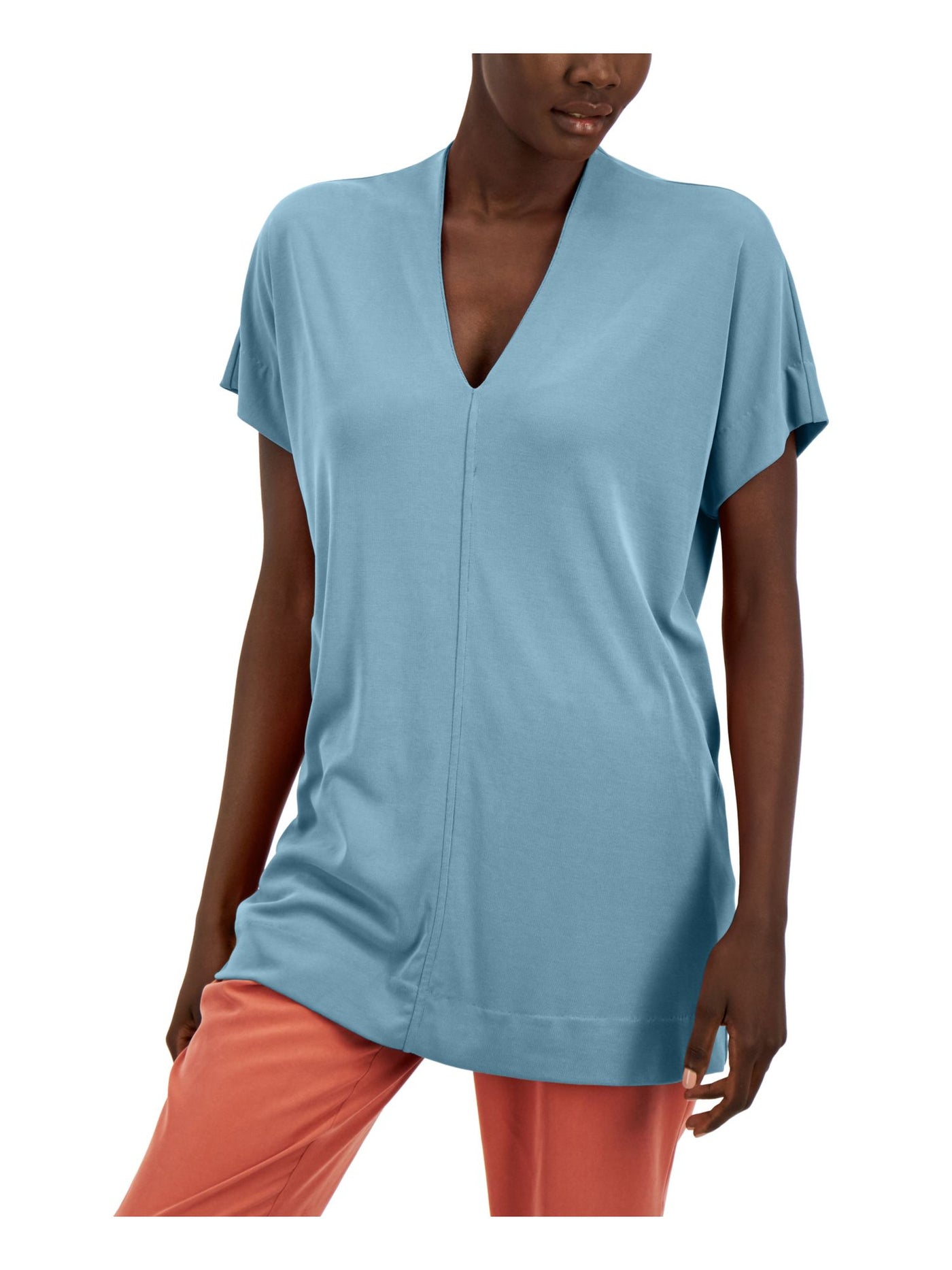 ALFANI Womens Blue Stretch Short Sleeve V Neck Top M