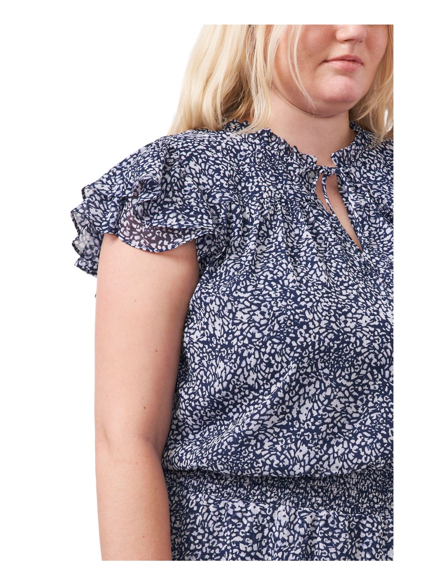 MSK WOMEN Womens Blue Stretch Smocked Ruffled Split Neck Chiffon Lined Printed Flutter Sleeve Knee Length Evening Fit + Flare Dress Plus 1X