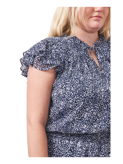 MSK WOMEN Womens Blue Stretch Smocked Ruffled Split Neck Chiffon Lined Printed Flutter Sleeve Knee Length Evening Fit + Flare Dress Plus 1X