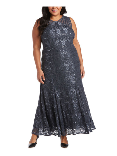 R&M RICHARDS WOMAN Womens Blue Sequined Lace Zippered Lined Padded Sleeveless V Neck Full-Length Evening Gown Dress Plus 22W