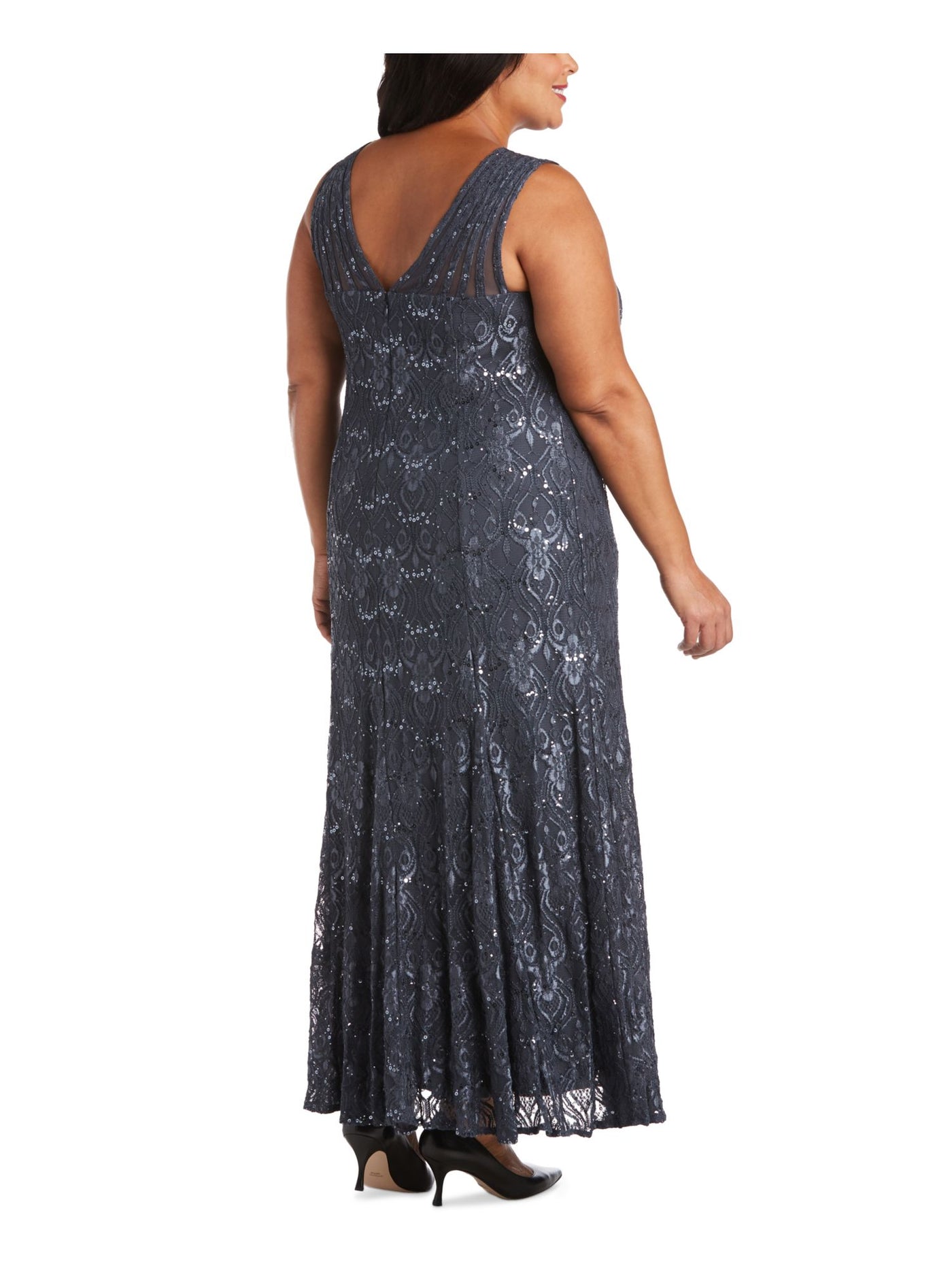 R&M RICHARDS WOMAN Womens Blue Sequined Lace Zippered Lined Padded Sleeveless V Neck Full-Length Evening Gown Dress Plus 22W