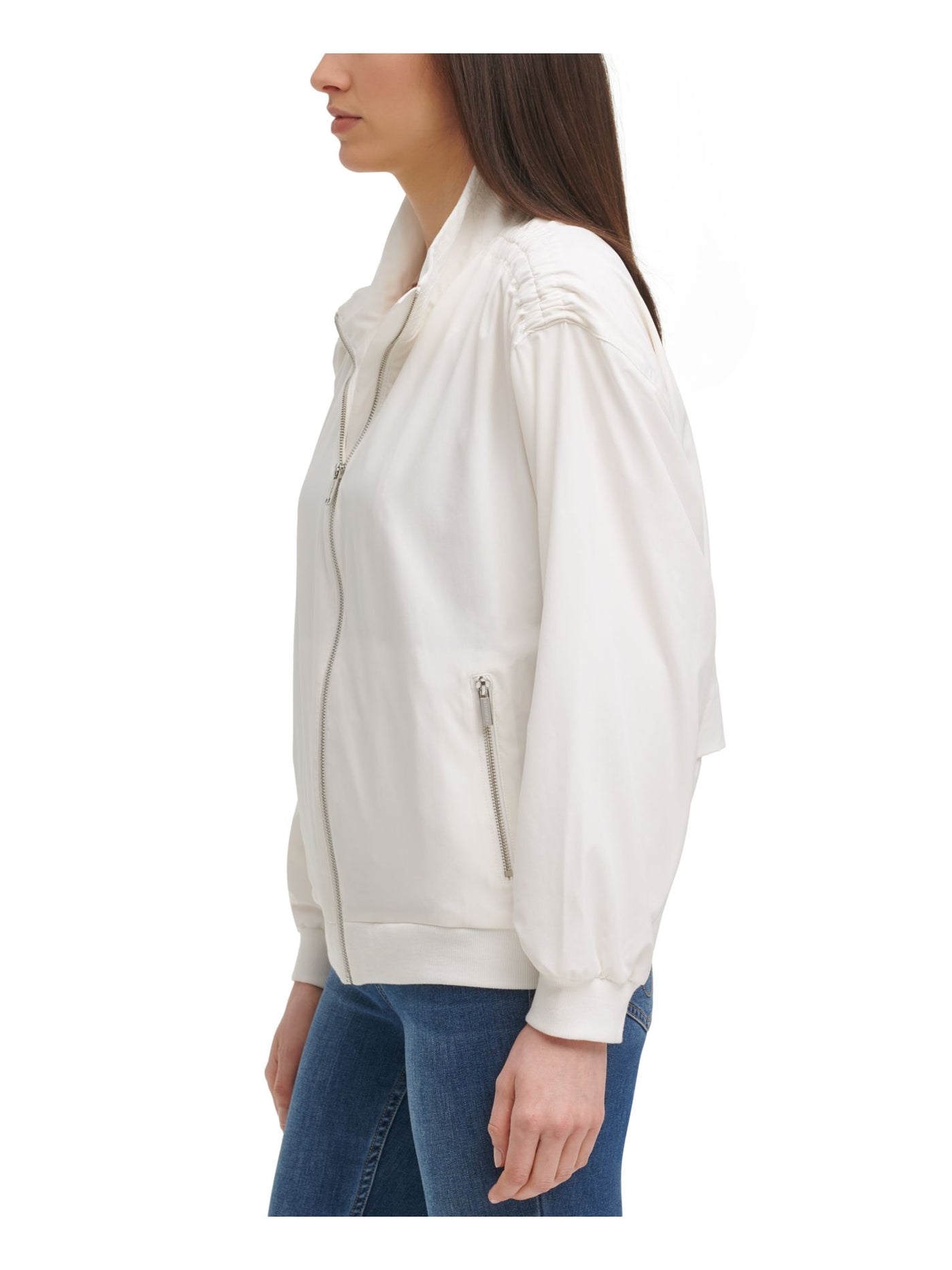 CALVIN KLEIN Womens Stretch Pocketed Shirred Lightweight Zip Up Jacket