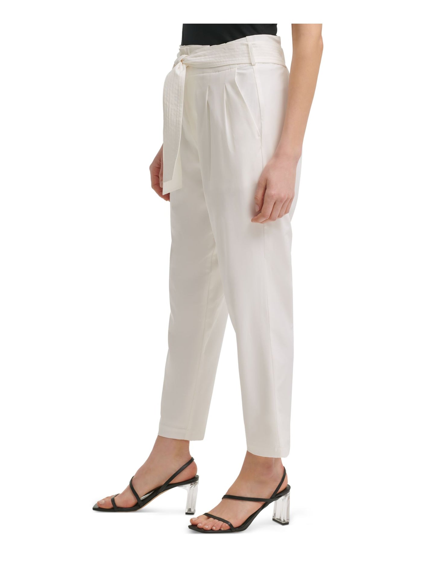 CALVIN KLEIN Womens Stretch Pocketed Zippered Belted Pleated Ankle Wear To Work Straight leg Pants