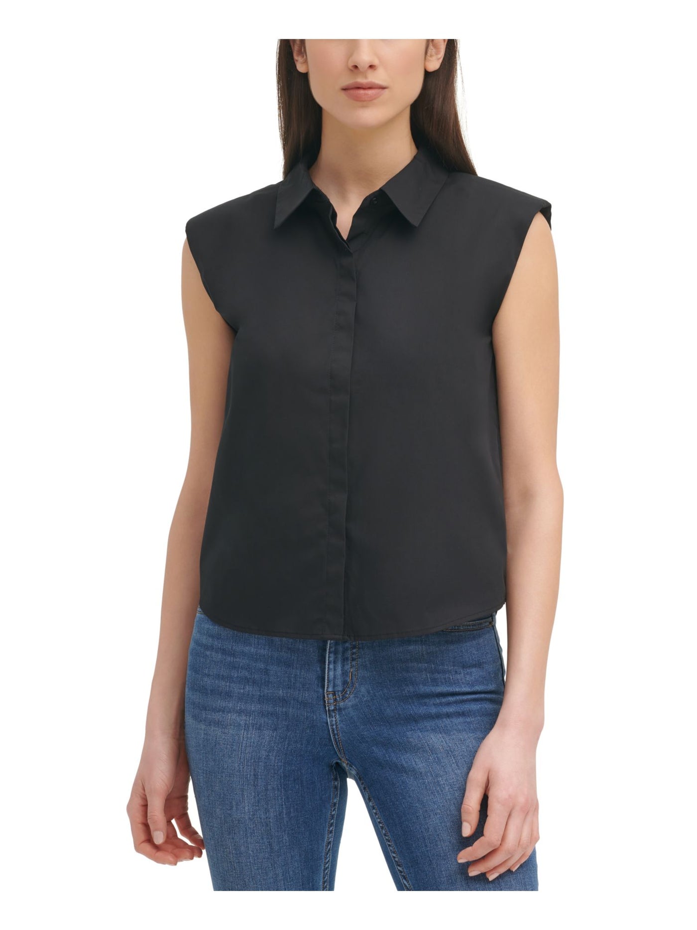 CALVIN KLEIN Womens Stretch Sleeveless Point Collar Button Up Top