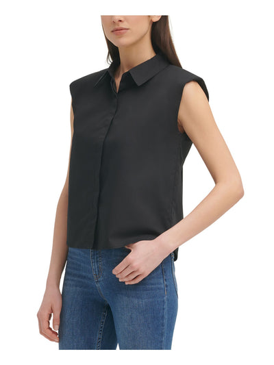 CALVIN KLEIN Womens Black Stretch Sleeveless Point Collar Button Up Top L