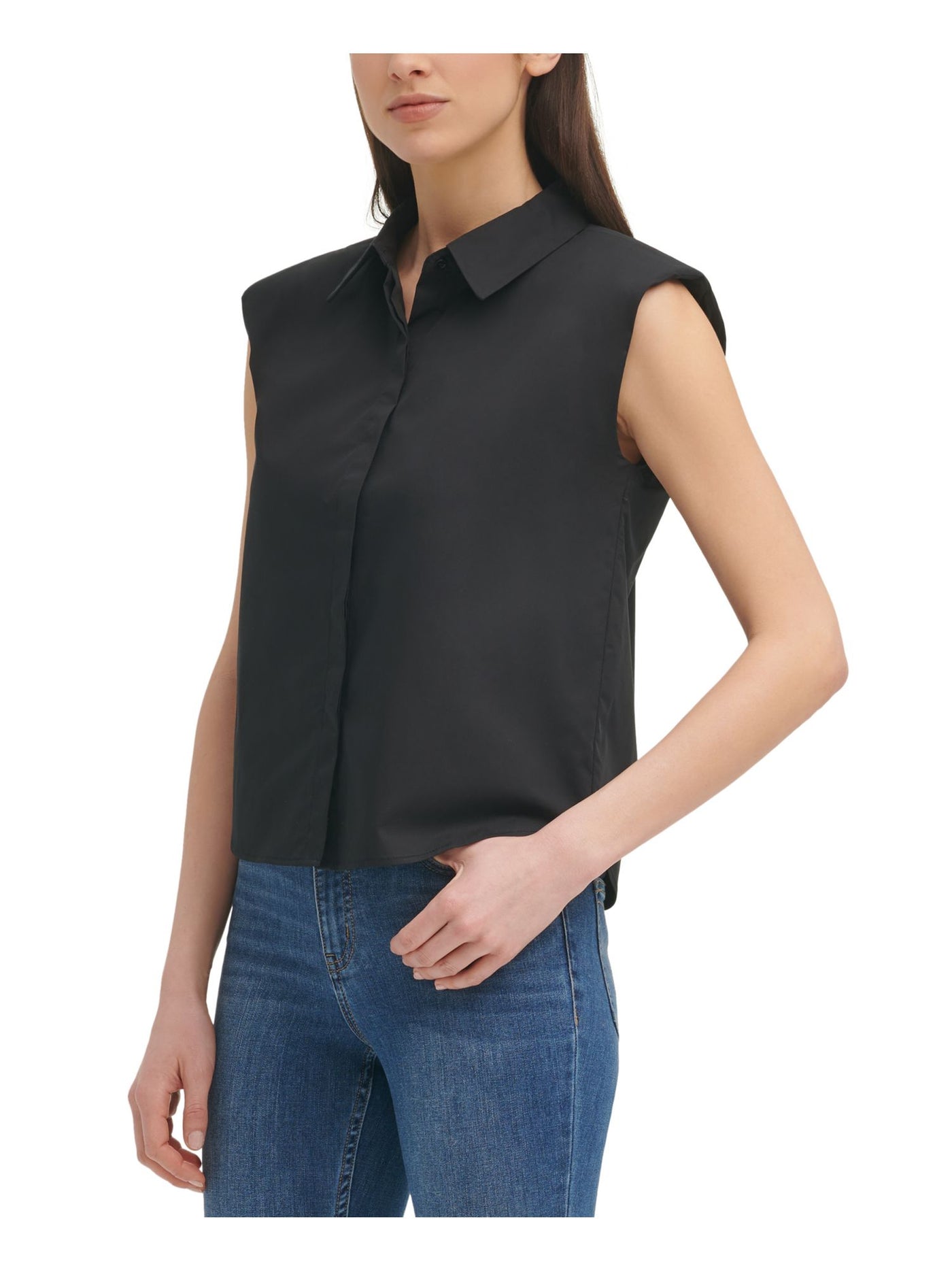 CALVIN KLEIN Womens Black Stretch Sleeveless Point Collar Button Up Top M